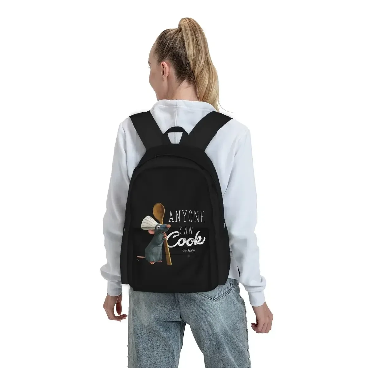 sac dos polyester noir souris chef gusto poches latérales avant grande capacité usage voyage école sport