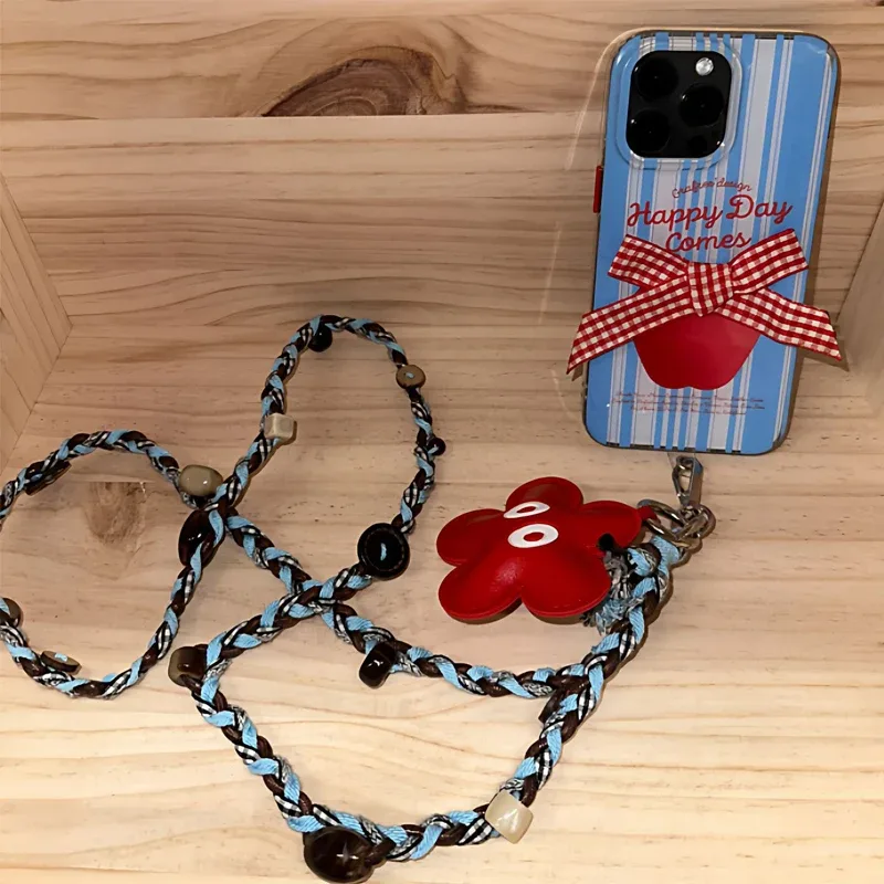 chaîne téléphone plastique fleur rouge fleurs perles dorées tressée bleu marron style ethnique pendentif bandoulière kawaii