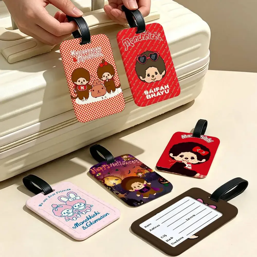 étiquette de bagage de voyage en pvc, motif dessin animé lawaii anime m-monchhichi, avec porte-carte d'informations et marqueur de nom anti-perte pour sac à dos.