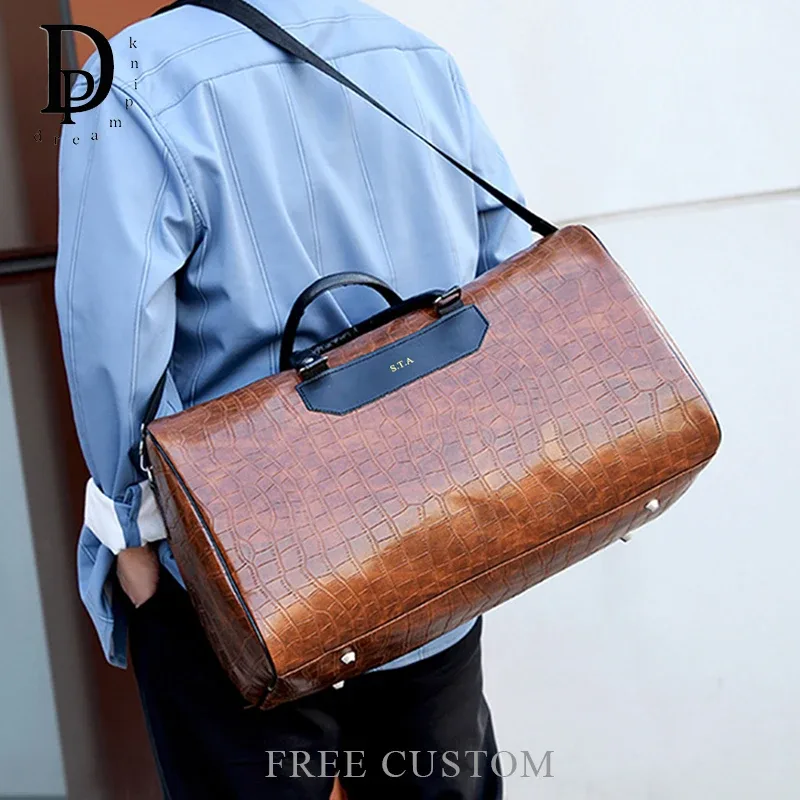 sac de voyage grande capacité pour le week-end, personnalisable avec nom, en cuir pu motif crocodile, sac bandoulière de luxe rétro, sac de sport, sac de voyage polochon