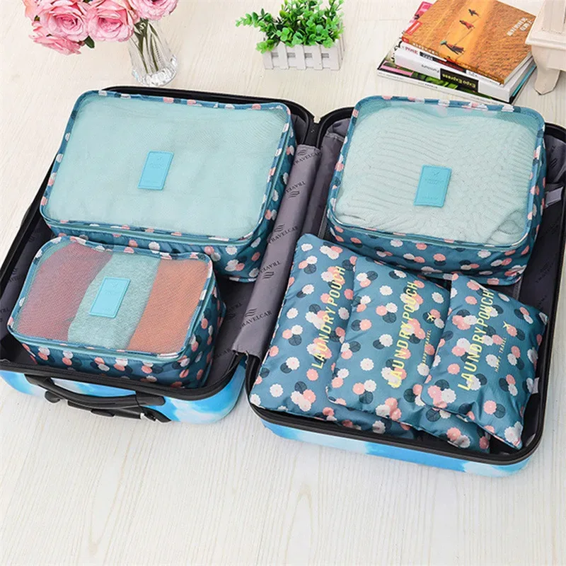organisateur voyage polyester bleu transparent rectangulaire poignée intégrée fleurs léopard motif lettre format rangement vêtements chaussures compression