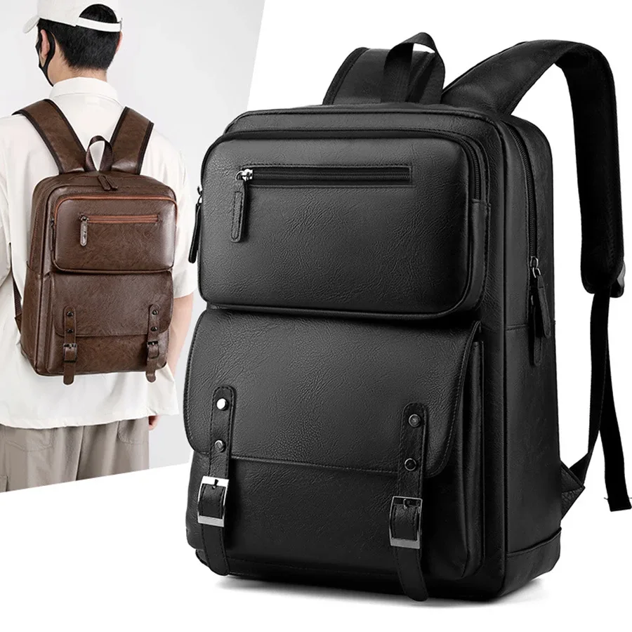 mode hommes sac à dos en cuir pu sac à dos grand ordinateur portable sacs à dos mâle mochilas noir cartable pour adolescents garçons marron sac a dos