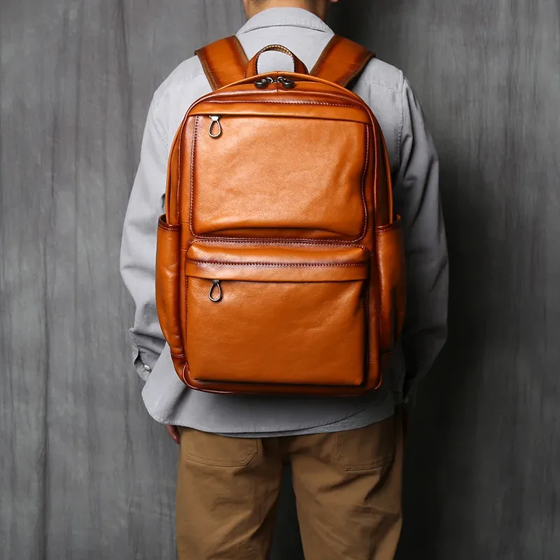 nzpj – sac à dos rétro en cuir véritable pour hommes, sacoche décontractée pour ordinateur avec couche supérieure en peau de vache, sac de voyage à la mode européenne et américaine