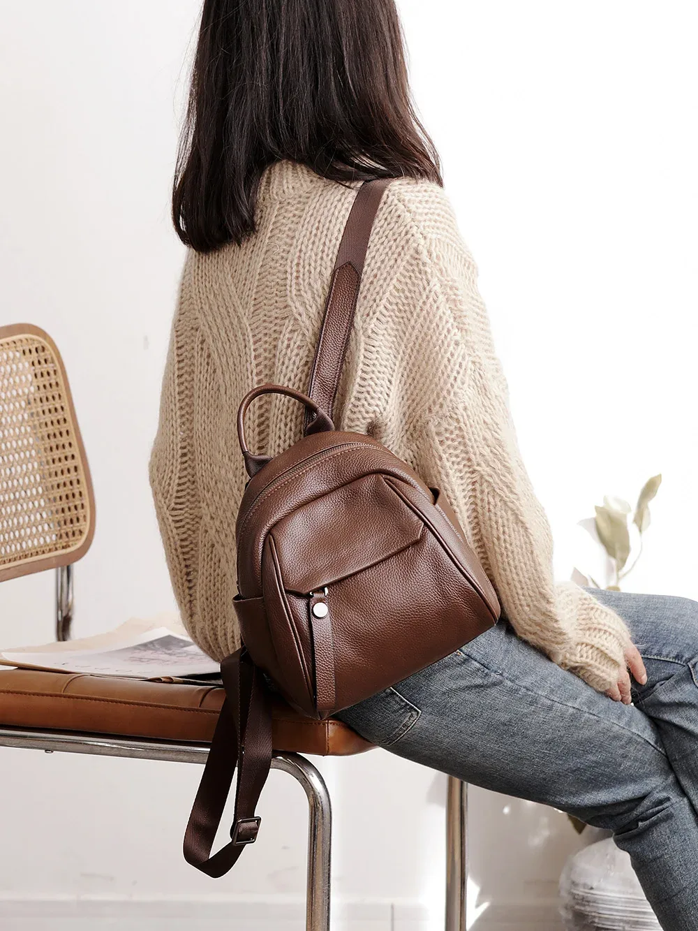 sac à dos portable en cuir véritable pour adolescente, sac à dos en peau de vache souple, sac à dos pour femme, bleu simple, 2 tailles, haute qualité, nouvelle mode