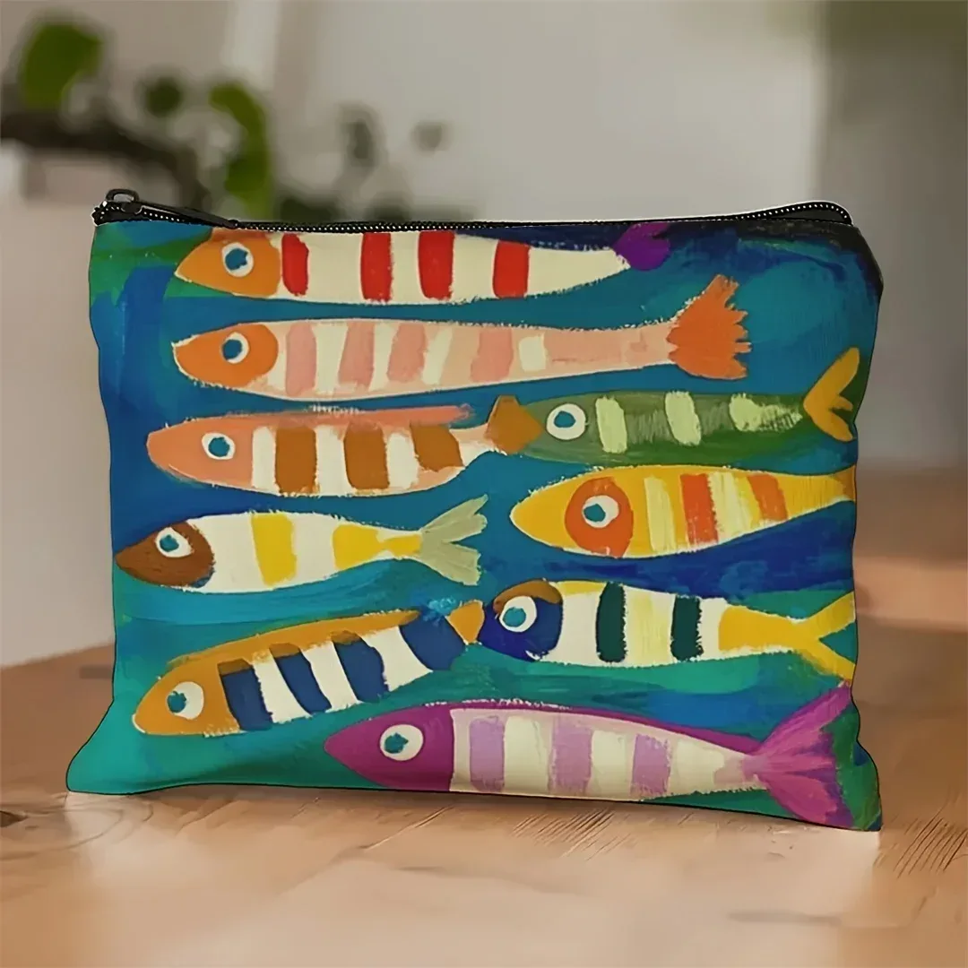 organisateur de maquillage vintage, pochette élégante en toile à fermeture éclair, trousse de toilette de voyage, sac à cosmétiques étanche à motif de sardine pour anniversaire
