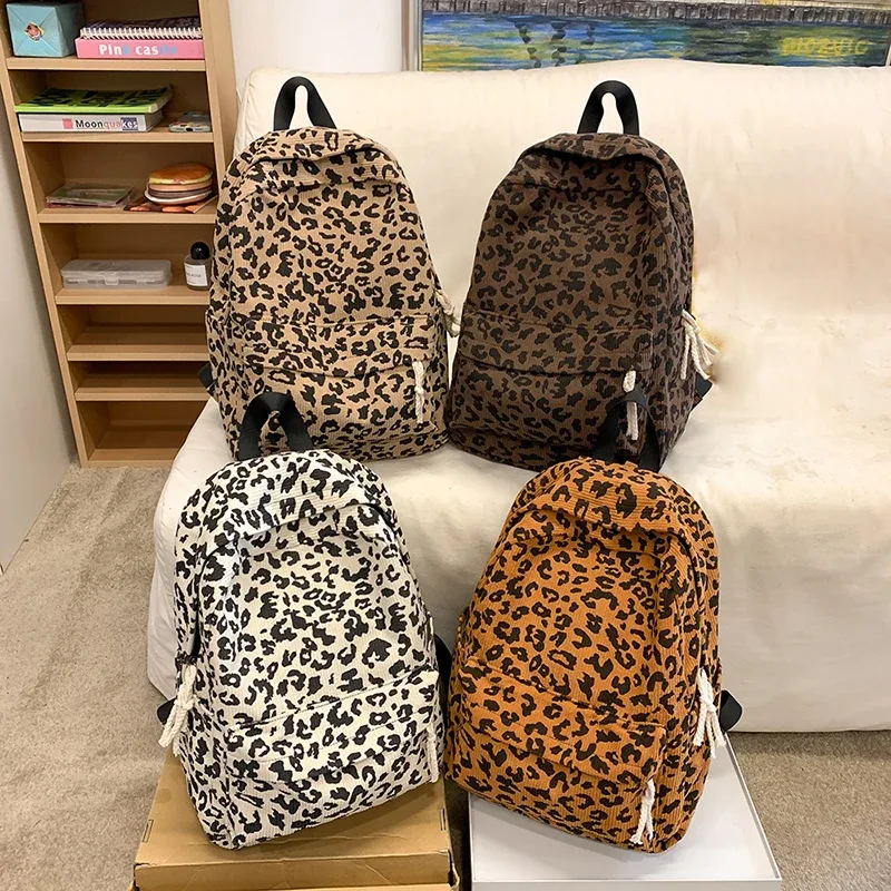 sac à dos léopard en velours côtelé, sac à dos tendance pour étudiants, grande capacité, sac à bandoulière élégant, multi-poches, sac de voyage en plein air