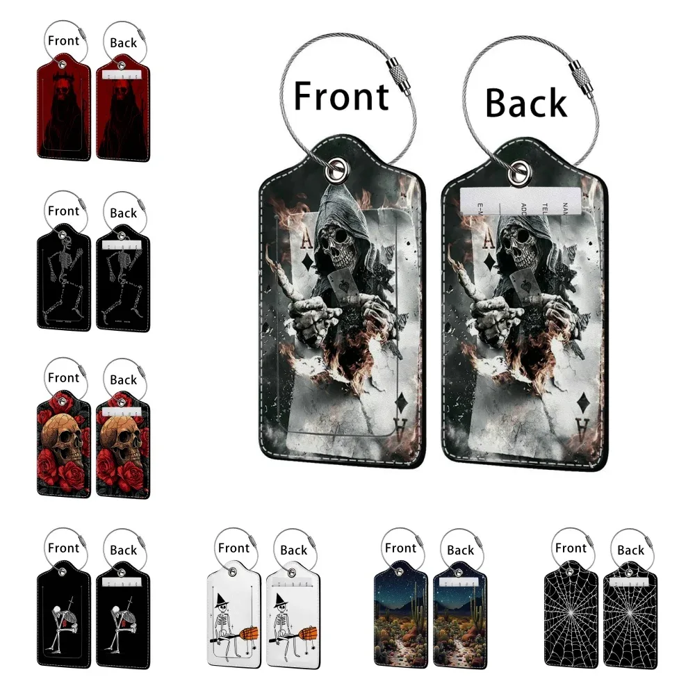 promotion étiquette de bagage en cuir à motif d'horreur, étiquette d'adresse pour valise, étiquette d'embarquement pour bagage, clip pour nom, identifiant et adresse