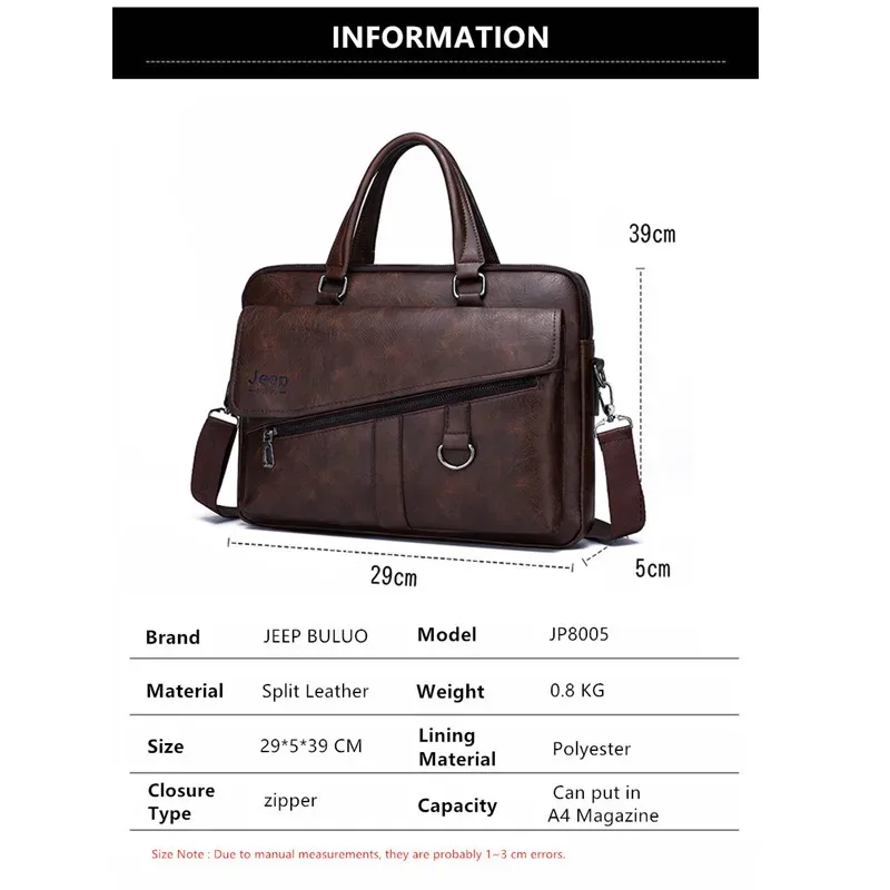 jeep buluo hommes porte-documents en cuir fendu ordinateur portable nouveau sac 14 "pc médecin avocat ordinateur sac fourre-tout mâle vintage affaires hommes sacs
