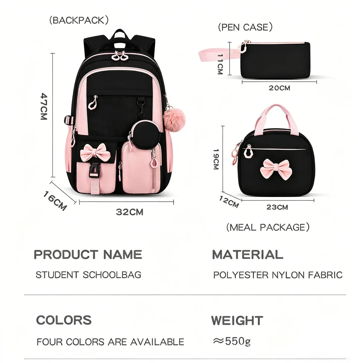 sac dos oxford polyester noir accents roses noeud papillon poche limon ceinture coussin air style préppy jacquard usage école voyage