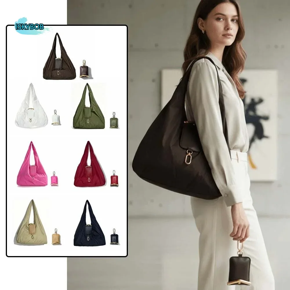 sac fourre-tout pliable 2-en-1 couleur unie avec porte-clés, mini sac de courses peu encombrant, garniture métallique, résistant aux déchirures, pochette porte-breloques