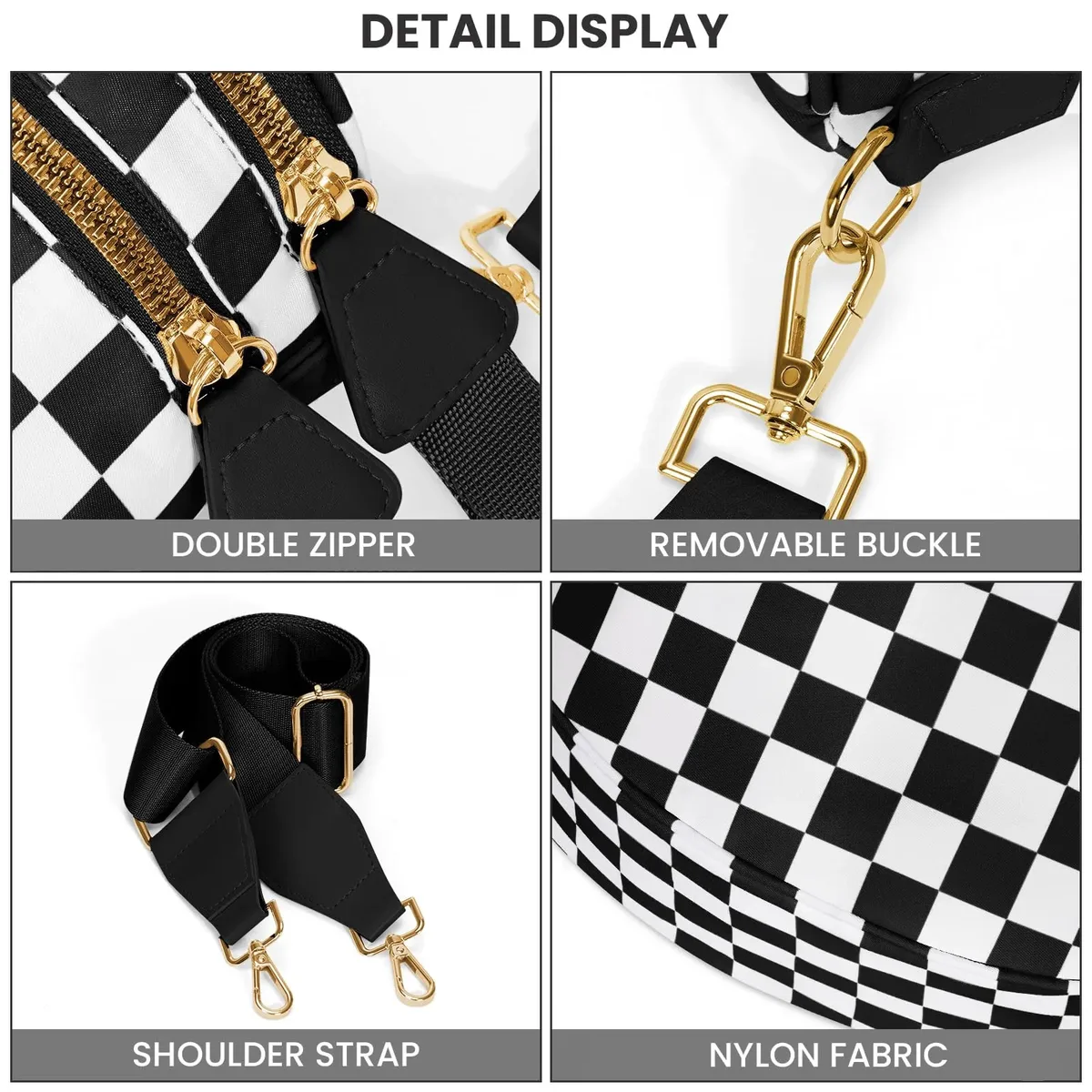 doyogi noir et blanc à carreaux spacieux bum sac sacs à bandoulière pour femmes en nylon essentiels de voyage sac de maman sac à couches pour maman