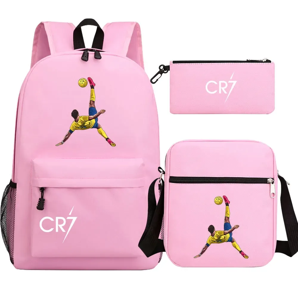 football star cr7 3 pièces garçon fille retour à l'école livre sacs, étudiant sac à bandoulière porte-crayon sac à dos, adolescents mochila hommes femmes
