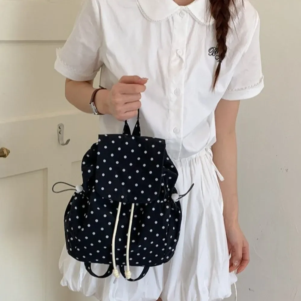 Sac à dos à pois avec plusieurs poches, en tissu, style coréen, polyvalent, sac à dos quotidien, à cordon de serrage, à lacets, style preppy, grande capacité, sac à dos d'affaires