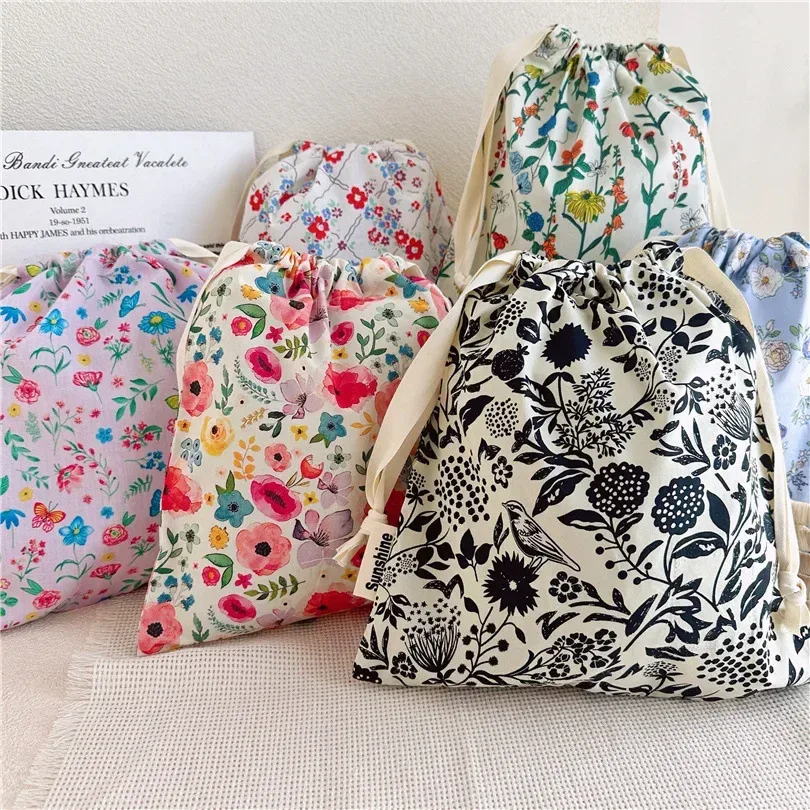 organisateur portable pour sous-vêtements chaussettes soutien-gorge coton sac de maquillage voyage sacs à cordon ins fleur impression vêtements sacs à cosmétiques 2024