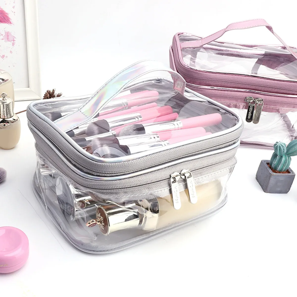 trousse de maquillage transparente avec poignée, trousse de toilette étanche portable, fournitures de rangement de voyage