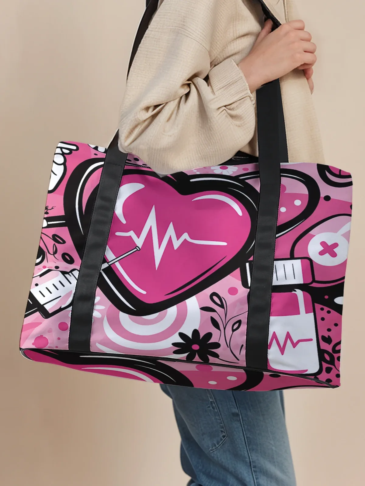 Grand sac fourre-tout à imprimé cœur médical, sac à main à bandoulière, sac de rangement à larges sangles pour les voyages, la plage, le shopping, la salle de sport et les trajets quotidiens