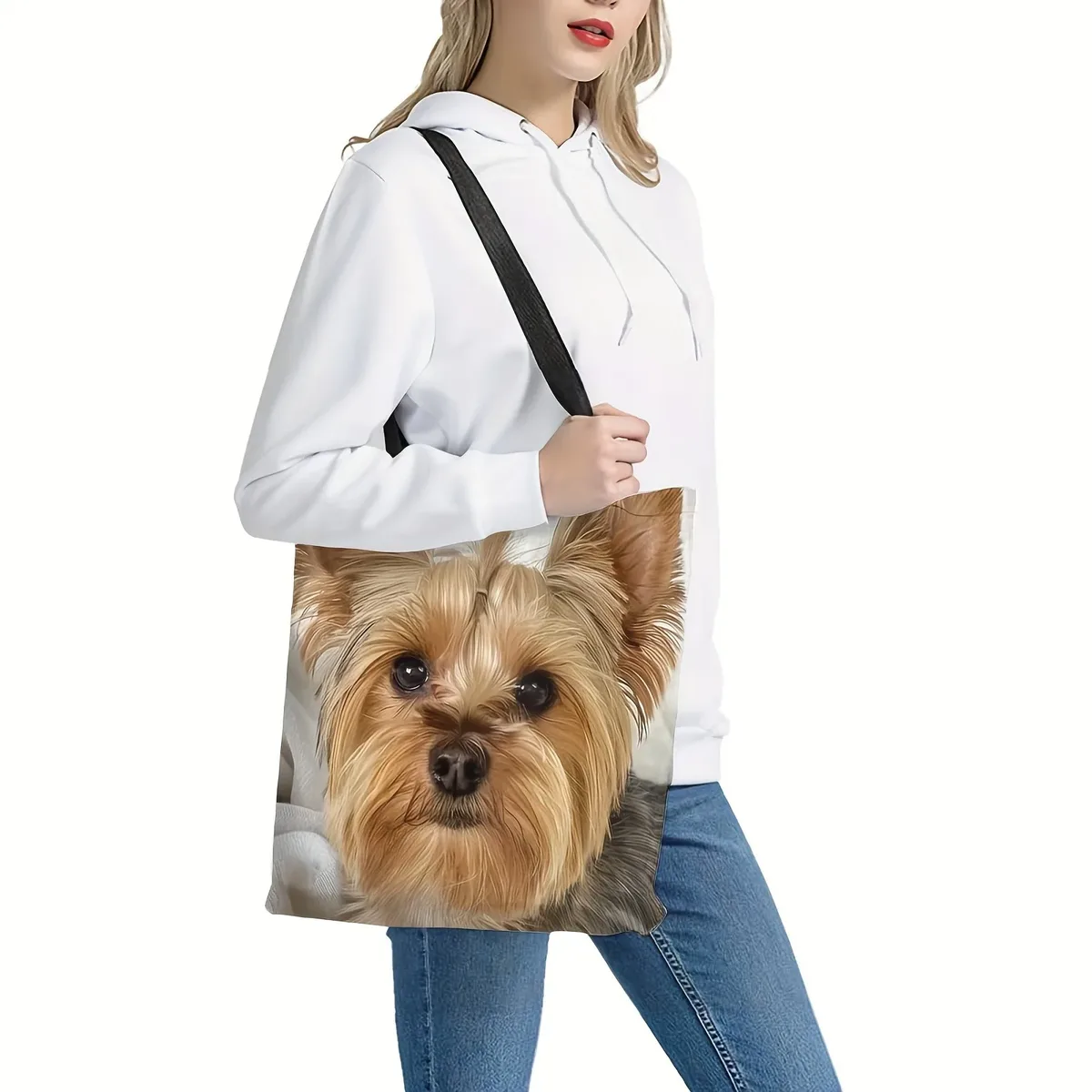 1pc adorable sac fourre-tout imprimé chien yorkshire thème animal polyester sac à bandoulière de shopping réutilisable avec détail de coeur sac à main de voyage