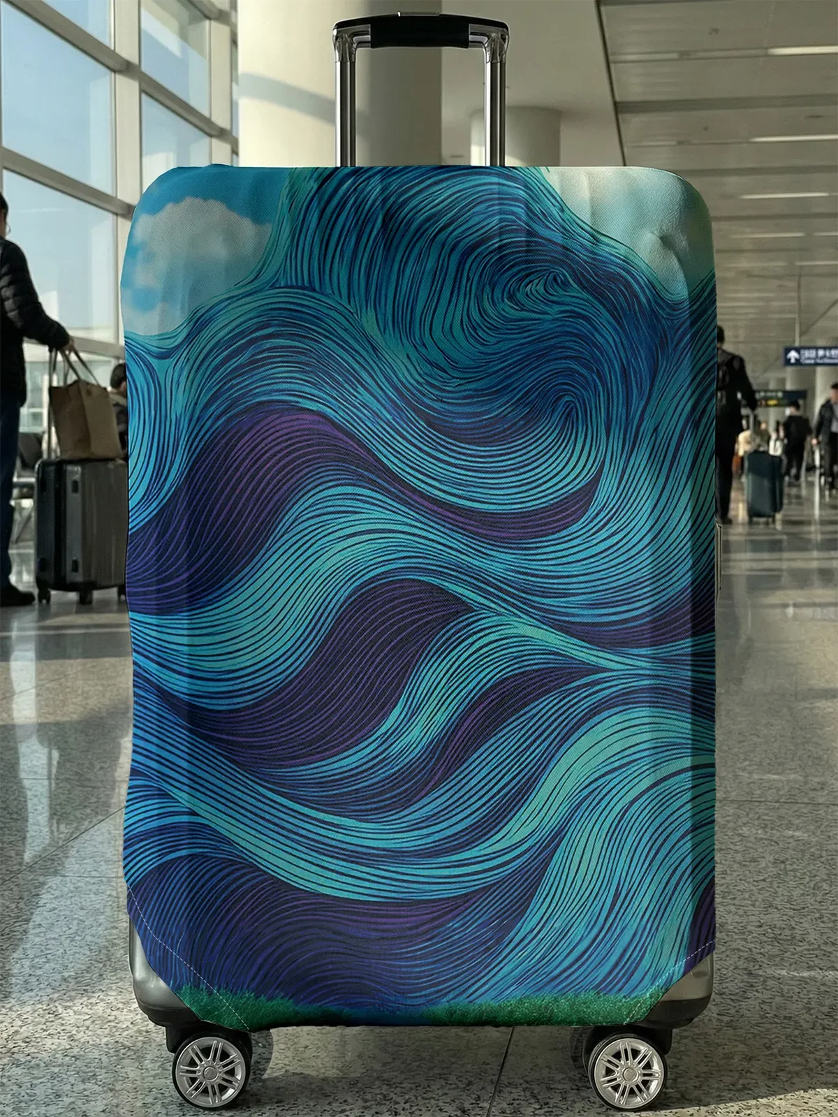 housse de protection pour bagages à motif de lignes ondulées bleu et violet, adaptée aux bagages de 18 à 32 pouces, avec poignées, accessoire de voyage