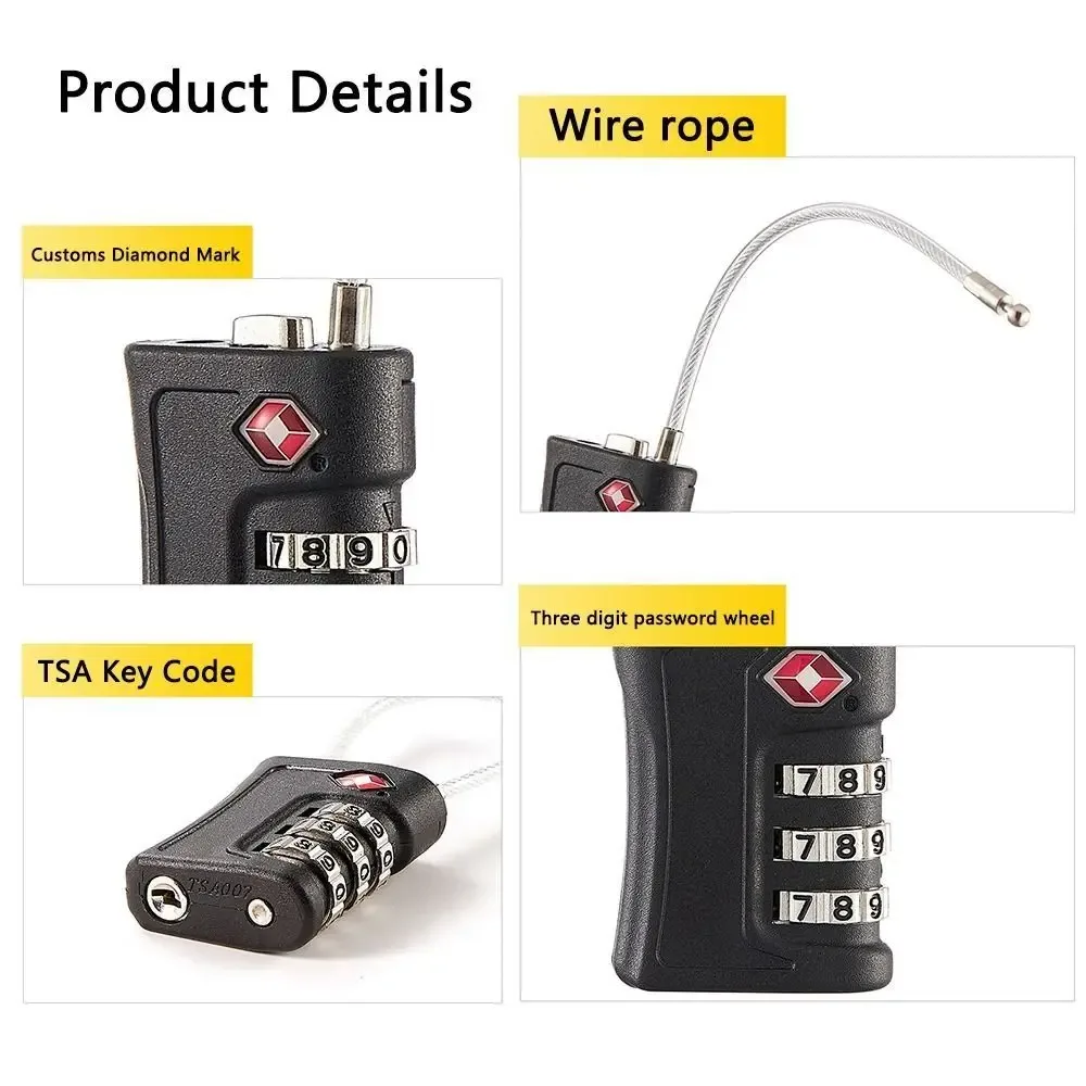 cadenas serrure tsa plastique code numérique antivol usage voyage couleur noir rouge jaune logo centralisée sécurité valise bagage