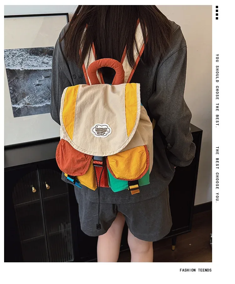sac dos oxford cloth toile patchwork alphabet décontracté pompon bandoulière arquée anti-vol respirant usage idation voyager école pleinair