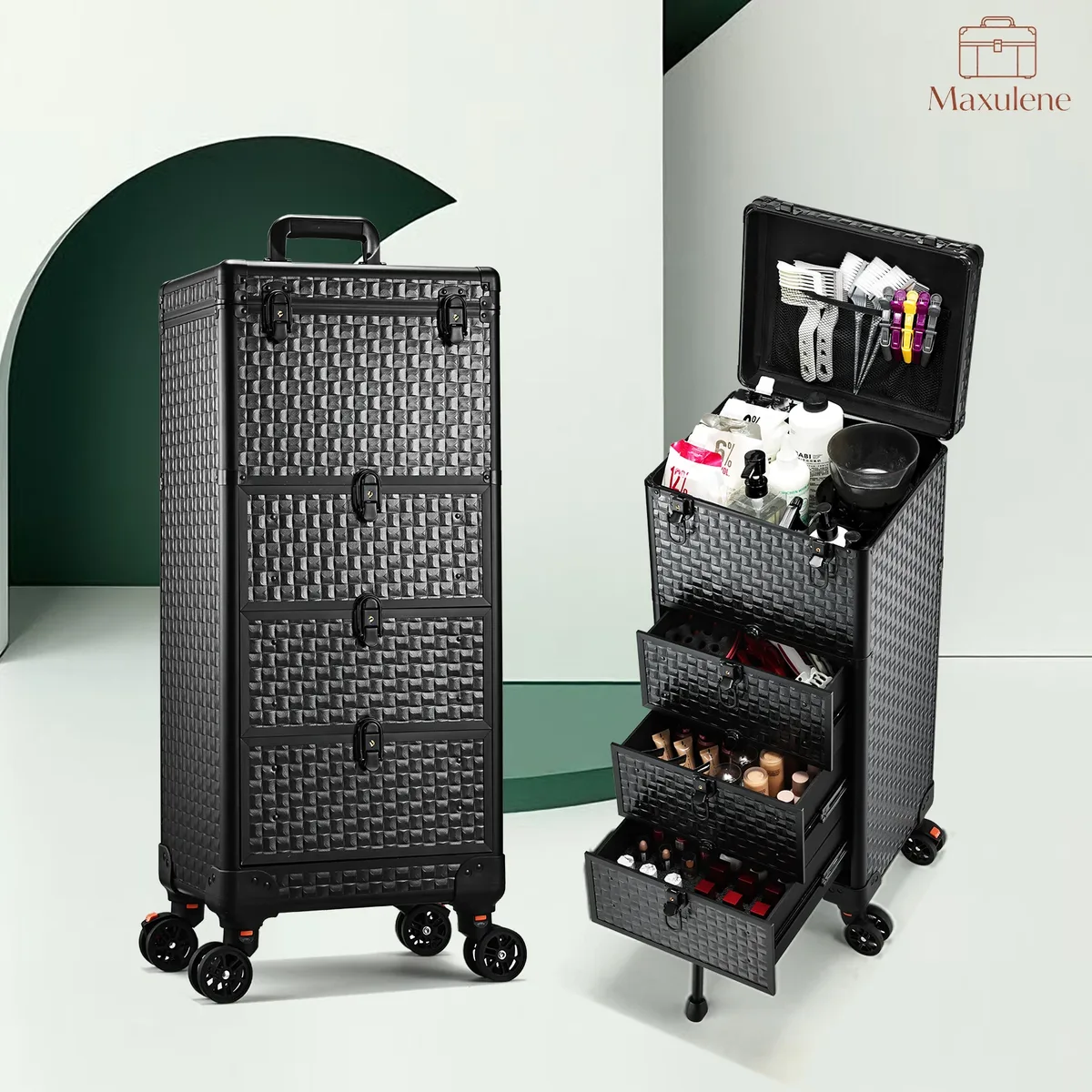 Trolley de maquillage professionnel à roulettes avec 3 grands tiroirs, valise de cosmétologie, station de salon, chariot de rangement pour outils de coiffure et de maquillage, table de manucure roulante pour coiffeur et maquilleur