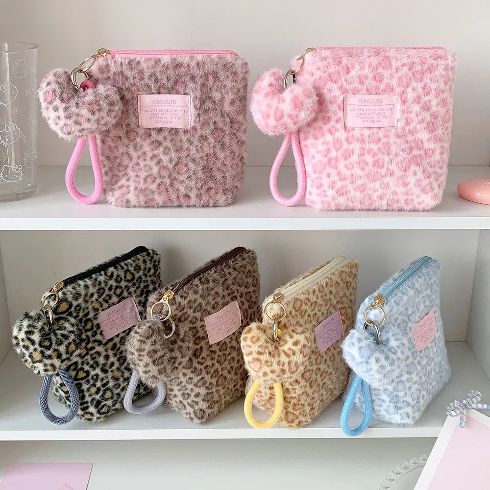 nouvelle trousse de maquillage vintage en peluche imprimé léopard pour filles, organisateur portable de soins de la peau, petite trousse de toilette pour étudiantes, pochette femme