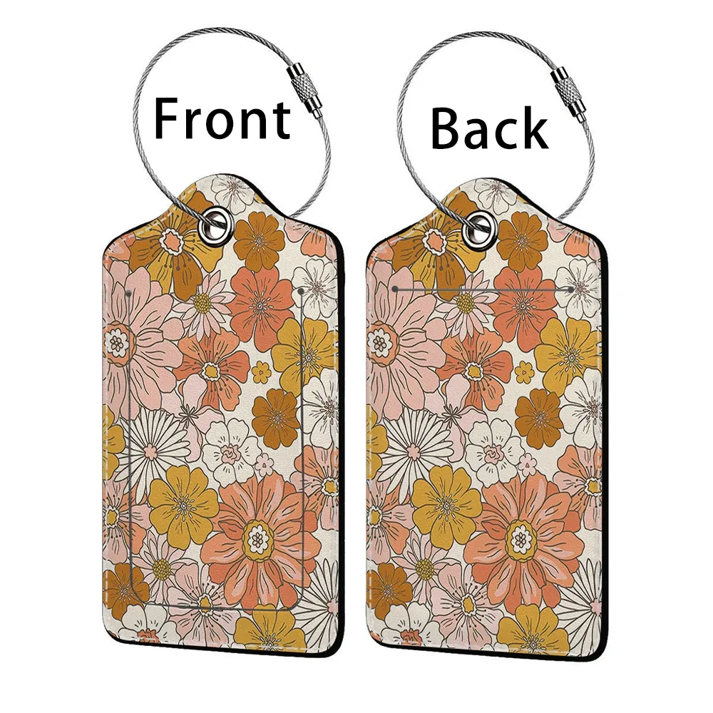 étiquette bagage polyuréthane motif floral subtil fond beige anneau métallique voyage affaires identification nom adresse