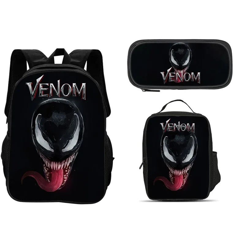 ensemble de 3 pièces du film venom : sac à dos + sac à lunch + trousse à crayons, papeterie de voyage à la mode, cadeau pour enfants, école, polyvalent
