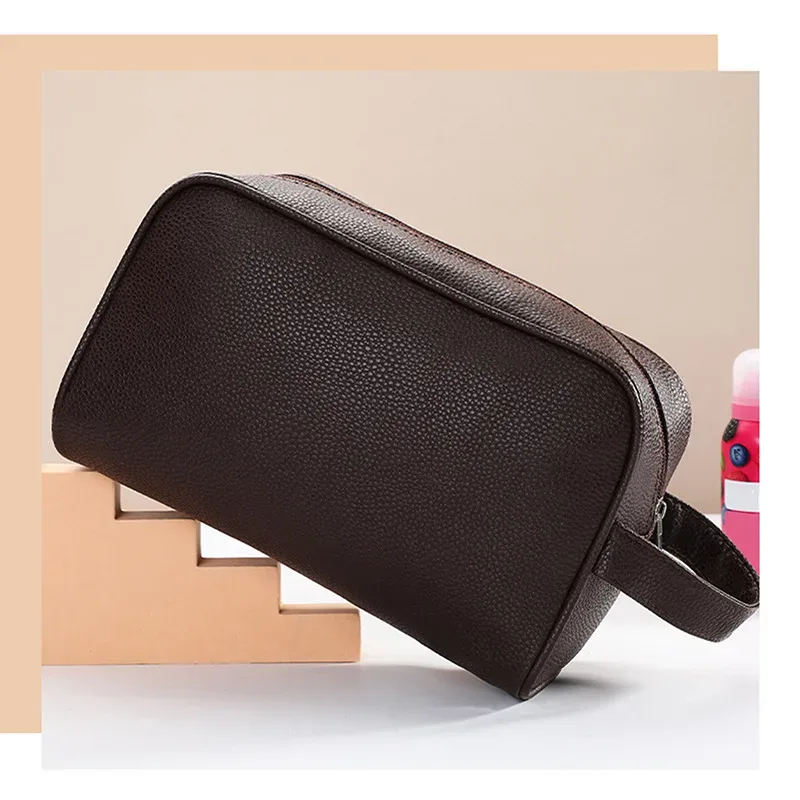 sac à cosmétiques en toile décontracté avec poignée en cuir, sac de voyage pour hommes, lavage, rasage, femmes, rangement de toilette, sac de rangement étanche