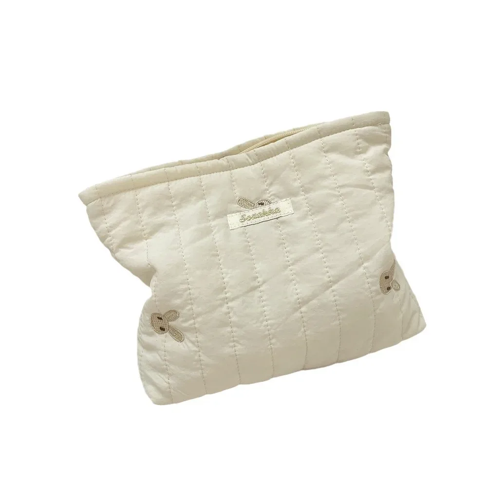 sac à cosmétiques matelassé brodé pour femmes, tissu en coton doux, trousse de maquillage pour dames, sacs à main de rangement, trousse à crayons pour filles d'université