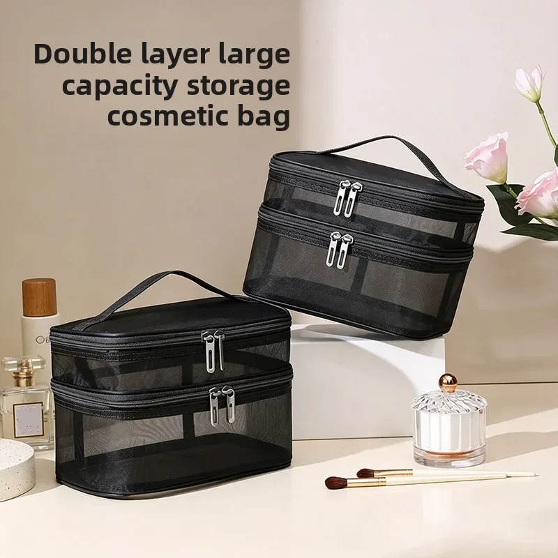 pochette cosmétique portable en maille, grande capacité, organiseur de toilette, sac de rangement multifonctionnel pour maquillage de voyage