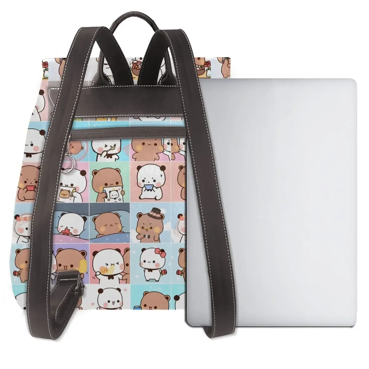 sac dos polyester personnages mignons bleu rose format rectangulaire poignées cuir brun usage voyage grande capacité