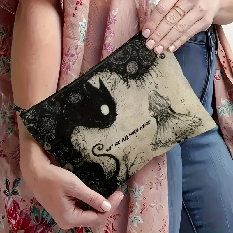 trousse de maquillage avec illustration de chat noir mystique et de fille – conception de conte de fées sombre enchanteresse, pochette de voyage pliable et légère
