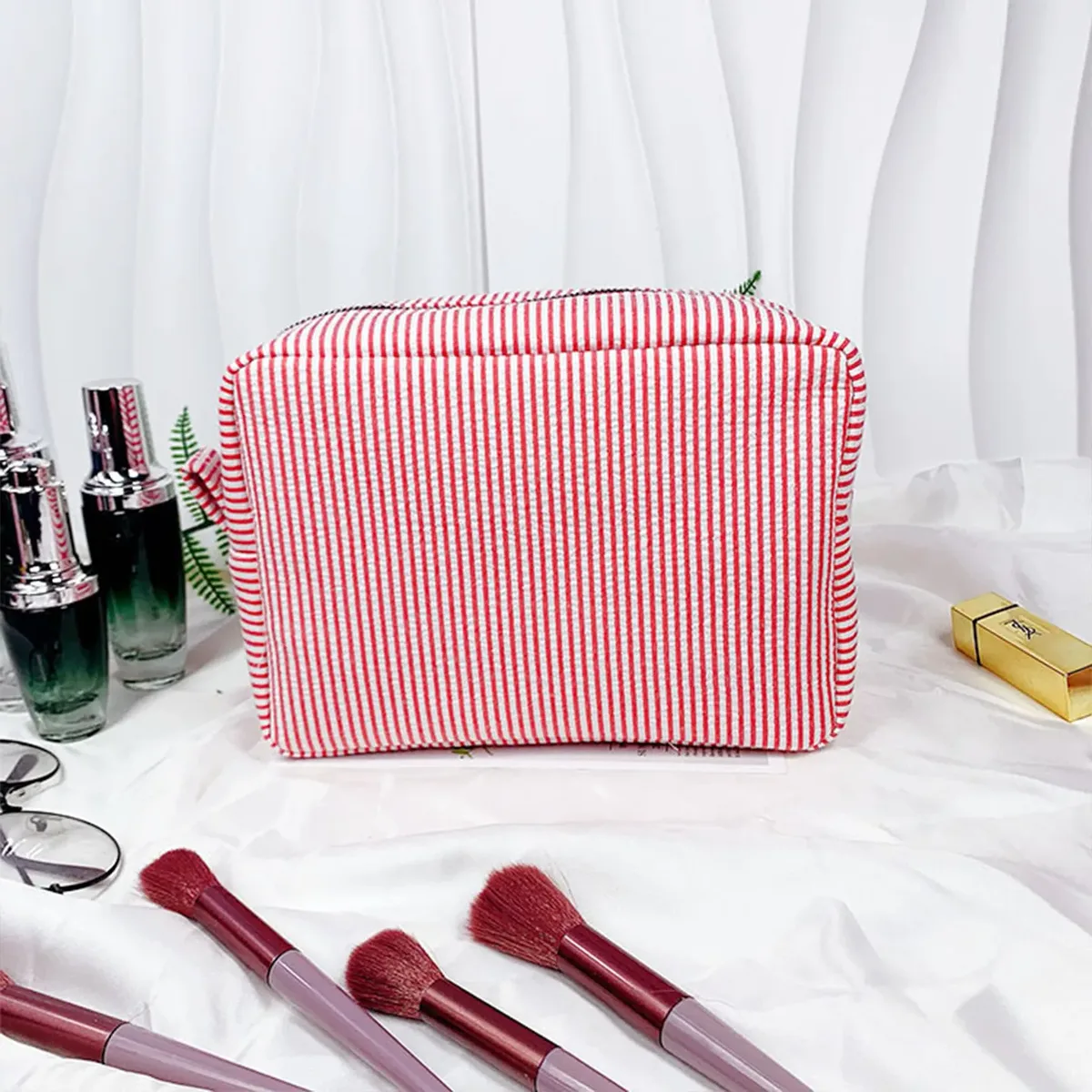 pochette de maquillage rayée personnalisée, broderie de nom personnalisée, pochette cosmétique, organiseur de toilette de voyage, cadeau pour femmes, filles, demoiselles d'honneur