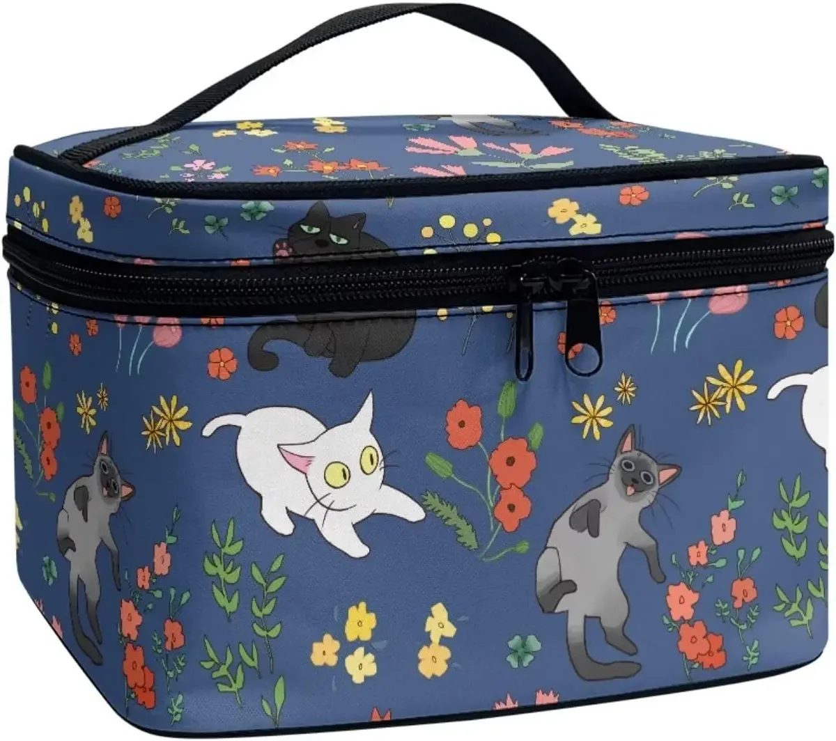 trousse polyester motif floral champignons poignée noire bleu jaune rouge vert voyage maquillage cosmétiques