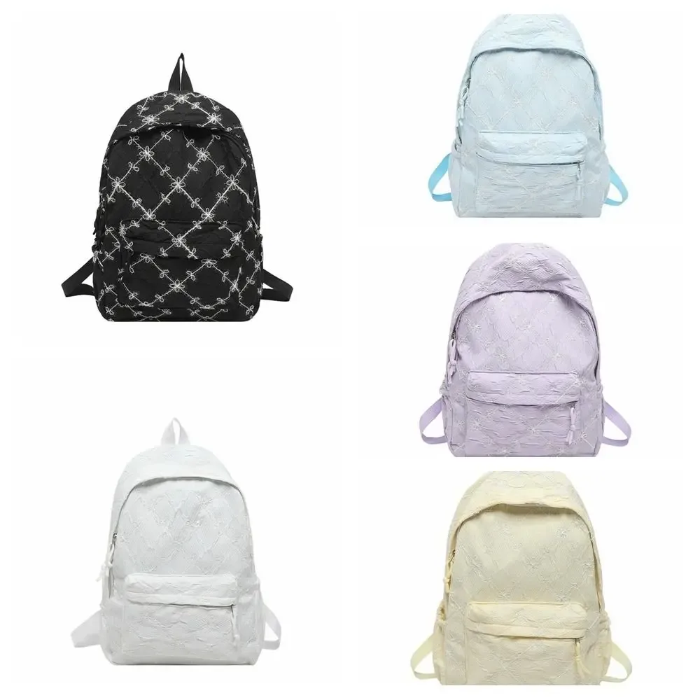 sac à dos mignon et élégant avec nœud, minimaliste, en nylon uni, multi-poches, léger, idéal pour les étudiants et l'école au quotidien.
