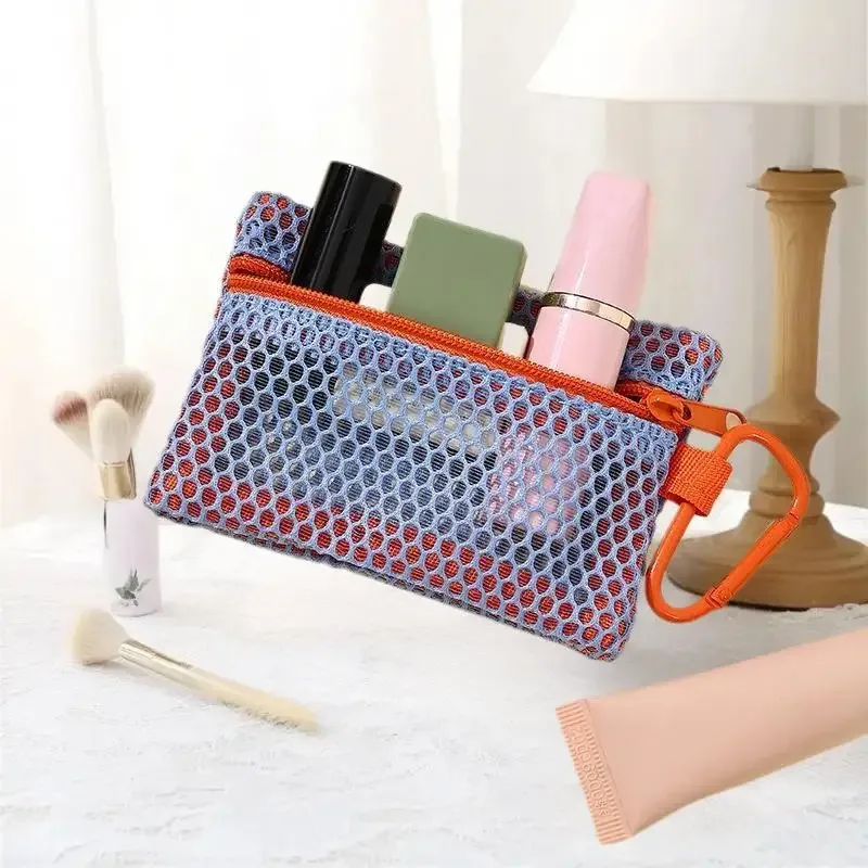trousse de maquillage en maille transparente, pochette cosmétique portable élégante avec fermeture éclair, conception plate pour les articles de toilette et le rangement du maquillage