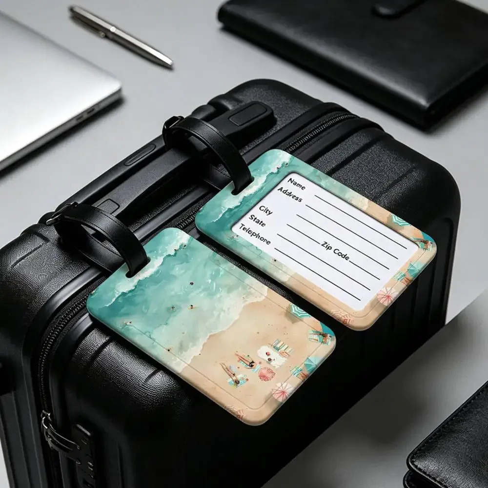 étiquette de bagage en pvc avec carte d'informations, motif mer, océan, bateau, art mural, étiquette anti-perte pour valise, sac à dos, accessoire de voyage