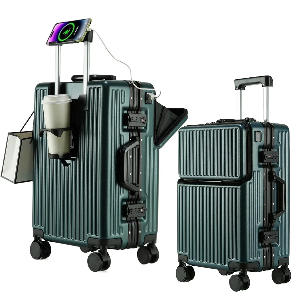 valise à cadre en aluminium, bagage de cabine à ouverture avant avec porte-gobelet usb, boîtier de chariot pour femme, valise de voyage avec roue de frein pour homme