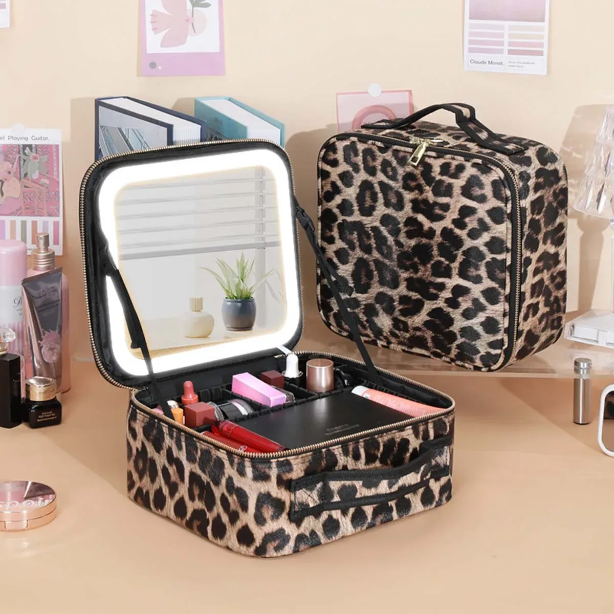 trousse toilette maquillage boîte miroir led rose compartiments noirs voyage grande capacité casual vintage