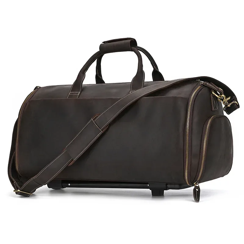 sac de voyage à roulettes en cuir véritable pour homme, sac de sport roulant en cuir de vachette crazy horse de 22 pouces avec compartiment à chaussures, grand sac de rangement
