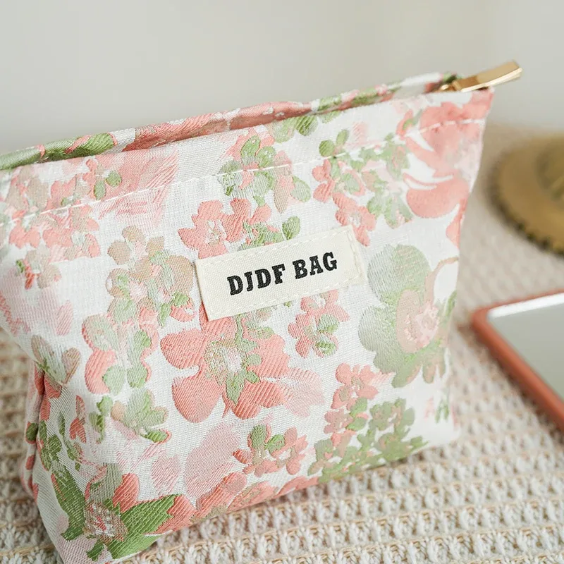 trousse polyester motif floral fleurs roses vertes fond blanc fermeture éclair voyage femmes cosmétiques maquillage sac rectangulaire