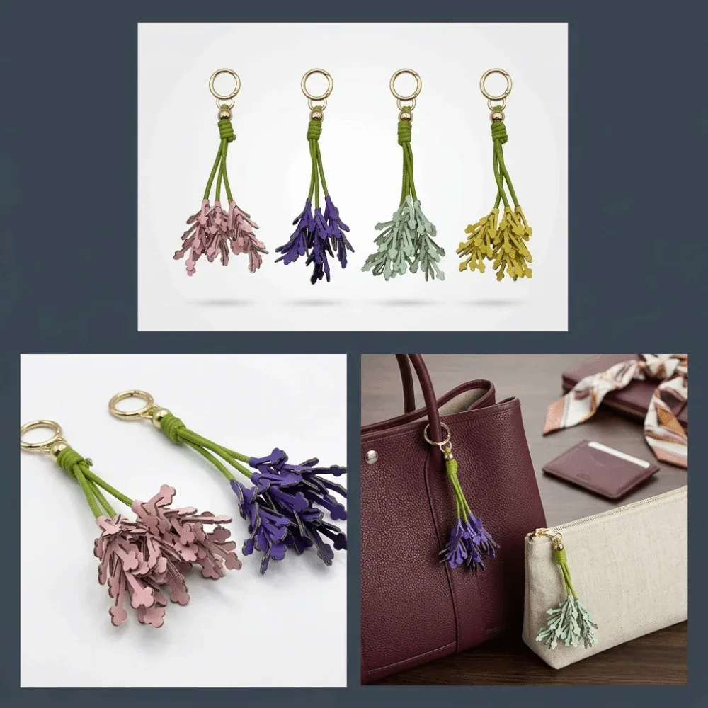 pendentif porte clé bouquet fleurs violettes nuances bleu rose anneau mété doré accessoire voyage léger