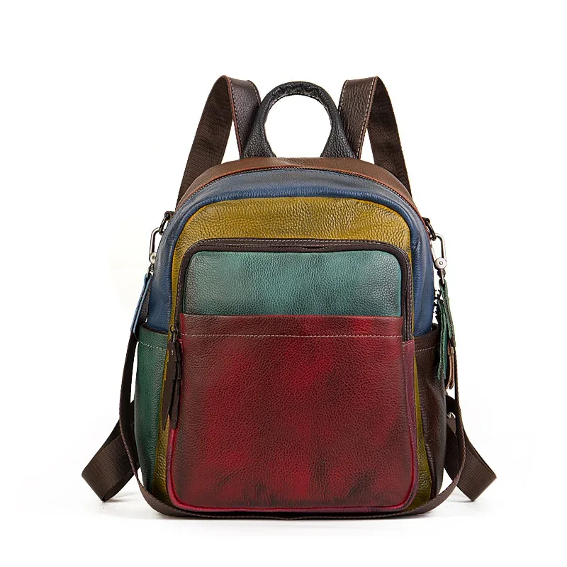 sac à dos patchwork en cuir véritable pour femme, sacs à bandoulière en cuir de vache véritable, fourre-tout de voyage en cuir de vache à la mode