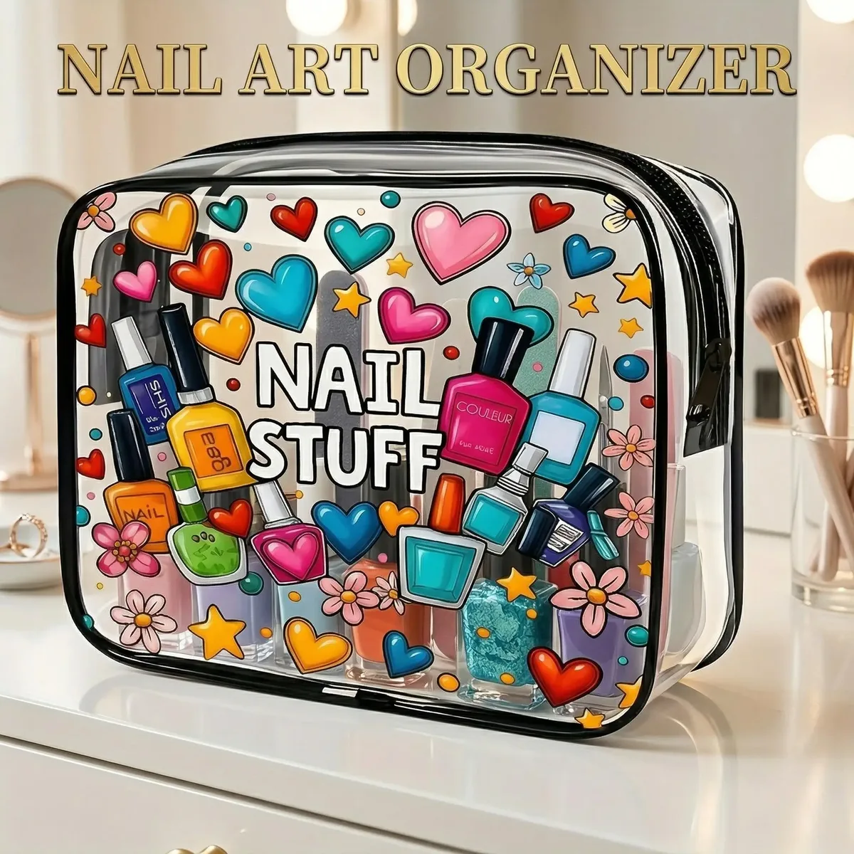 1 pièce Trousse de maquillage transparente, Organisateur de vernis à ongles, Pochette de voyage mignonne pour cosmétiques, Trousse de toilette étanche transparente pour les vacances d'été