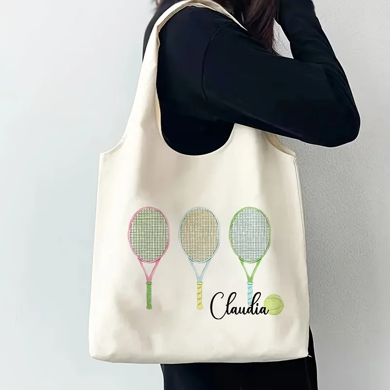 Sac fourre-tout personnalisé avec motif tennis et nom, sac à bandoulière littéraire, sac à livres illustré pour fille, cadeau pour joueurs de tennis