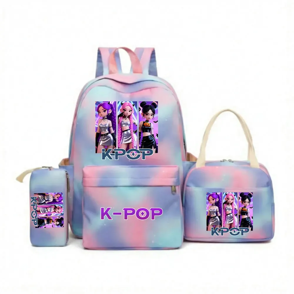 Sac Dos Polyester Motifs Personnages KPop Pompon Ceinture Coussin Air Bandes Latérales Poignée Supérieure Pliable Extensible Bleu Rose Violet Voyage Adolescents