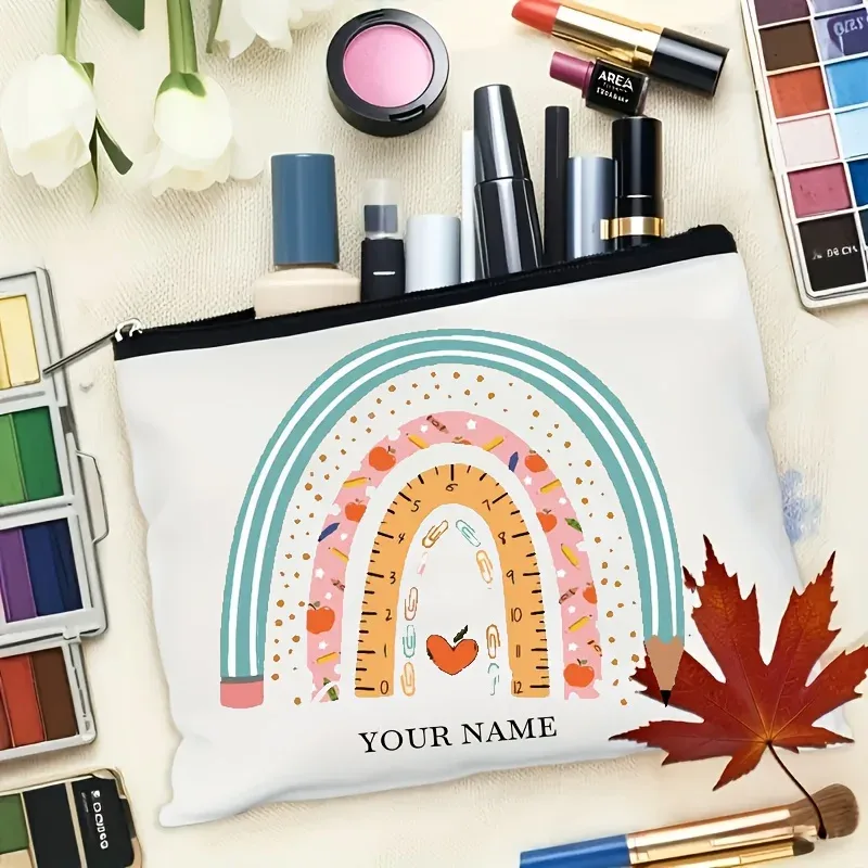 cadeau exclusif pour enseignant : trousse de maquillage personnalisable avec nom, règle et crayon à motif arc-en-ciel – idéal pour la fête des enseignants