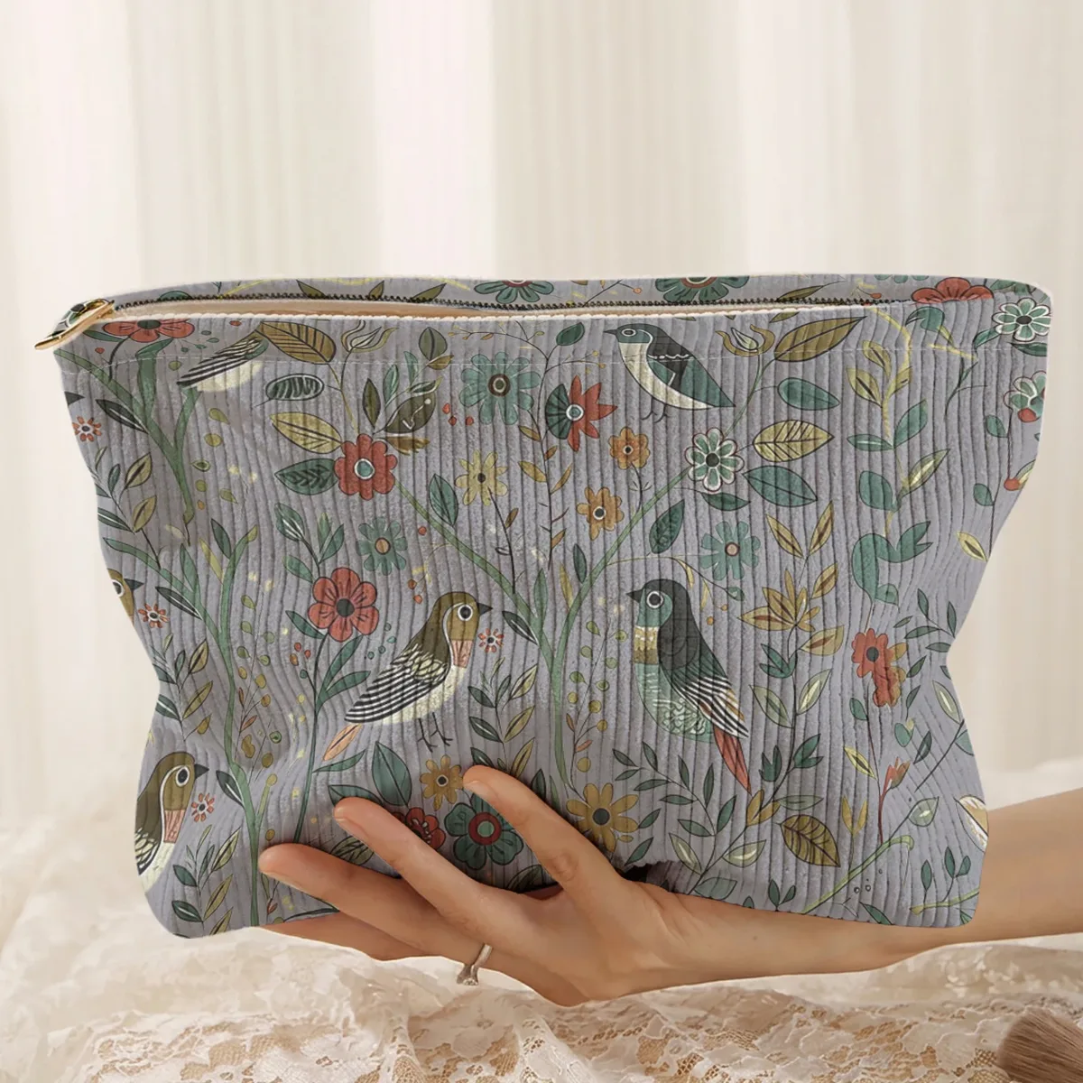 1 pièce, trousse de maquillage en velours côtelé avec motif d'oiseaux et de branches, légère et multifonctionnelle pour le rangement des cosmétiques.