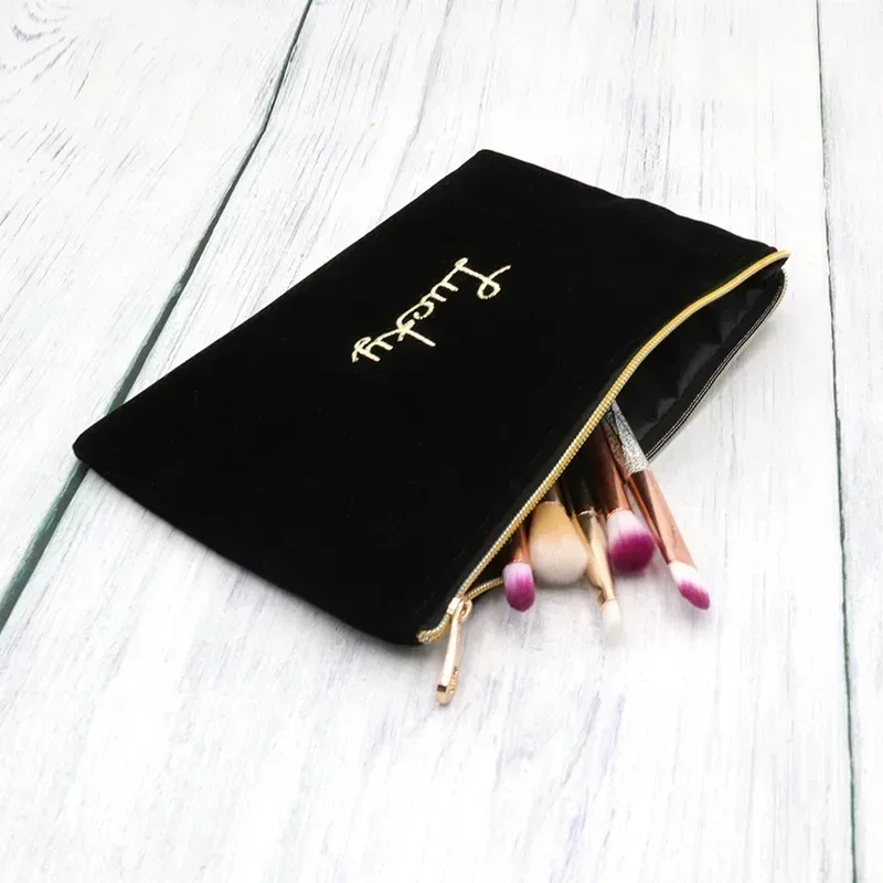 sac de maquillage en velours à fermeture éclair pour femmes, grand sac à cosmétiques de voyage pour maquillage, pochette de maquillage de couleur unie, sac de rangement nécessaire